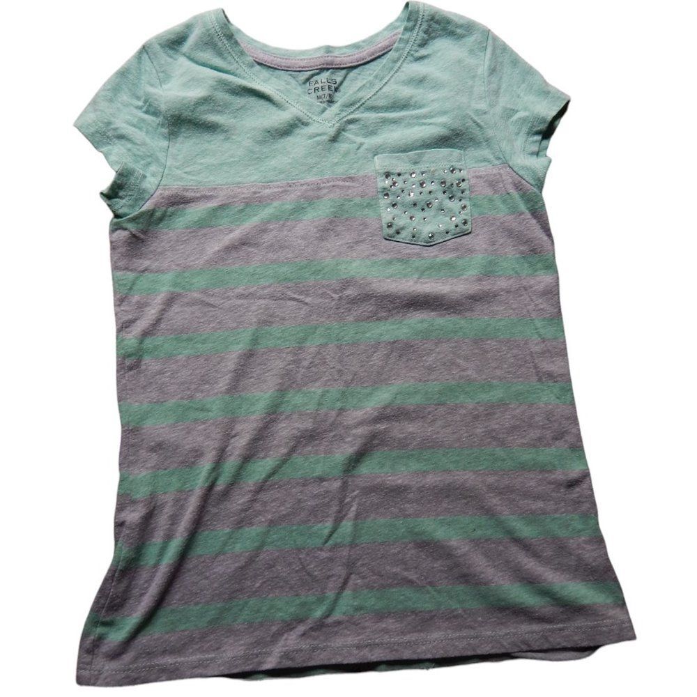 Falls Creek Girls Medium 7/8 Teal Gray Striped V-Neck Pocket T-Shirt With Sequin